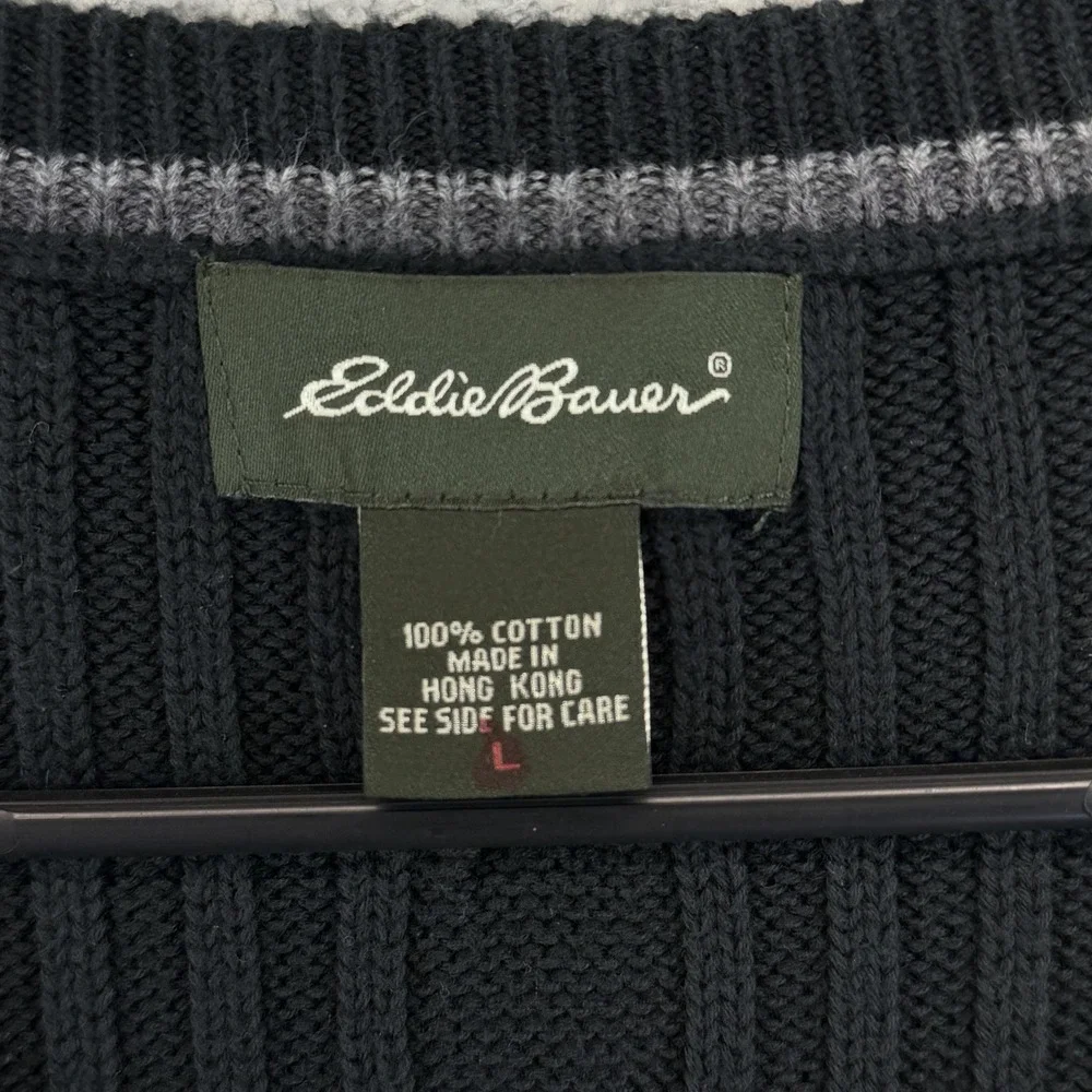 Vintage Eddie Bauer Sweater Vest Mens Large Black Cable Knit V-Neck Preppy‎
